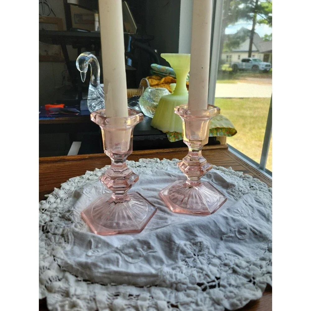 Vtg Depression Glass Pair of Dark Rose Pink Candlestick Holders  5